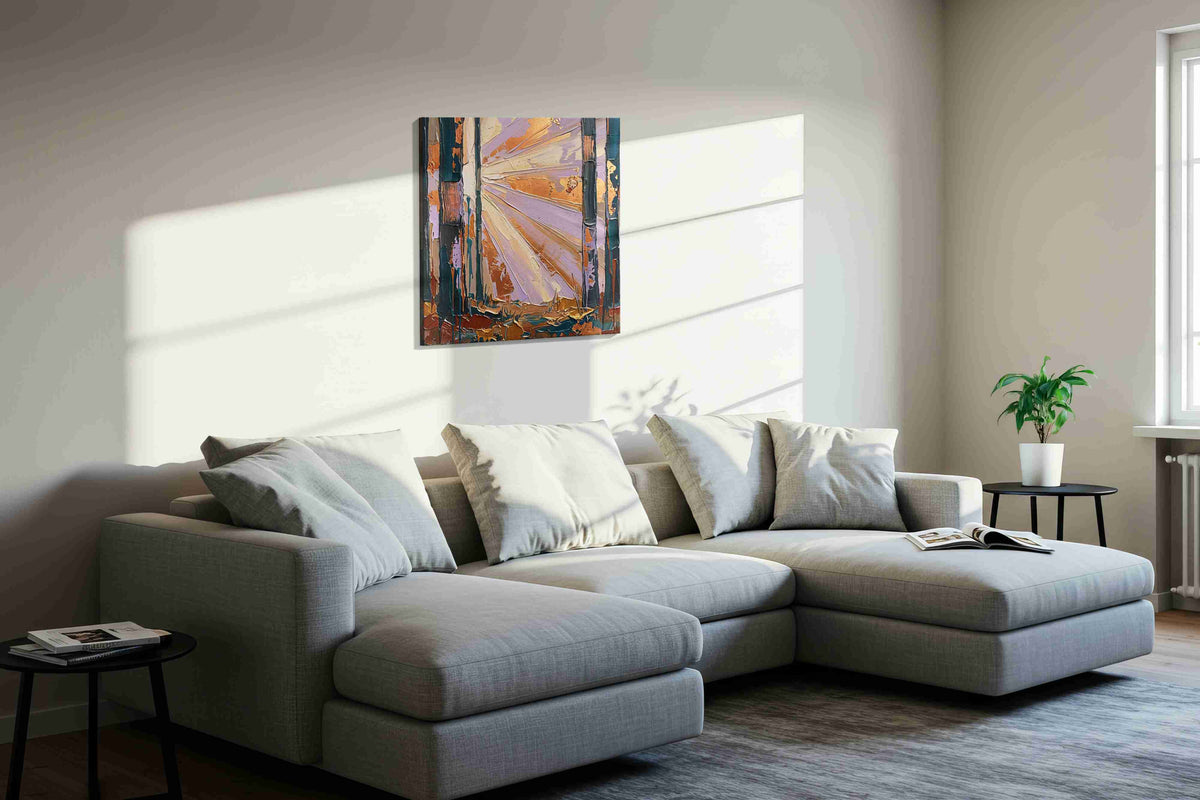 Luminescent Forest Dawn nature canvas print in a living room scene