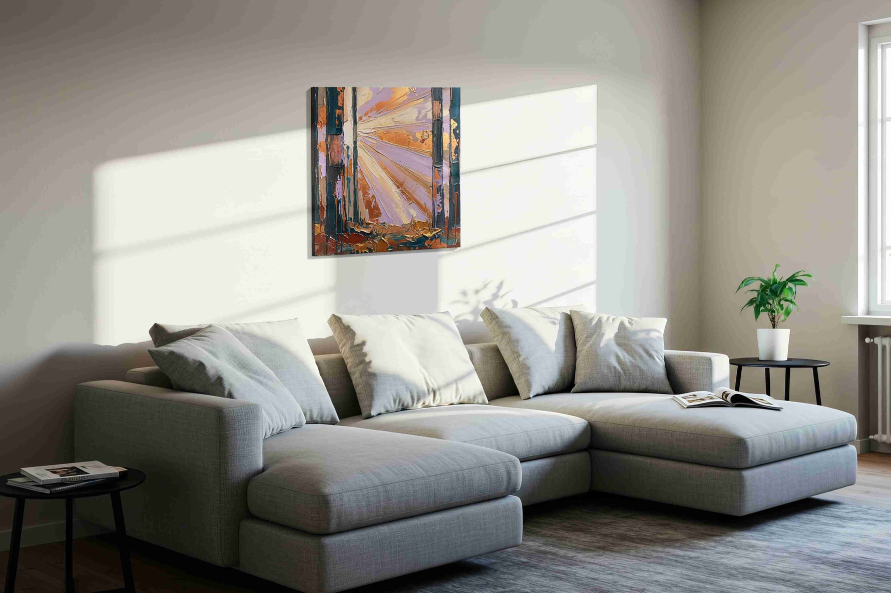 Luminescent Forest Dawn nature canvas print in a living room scene
