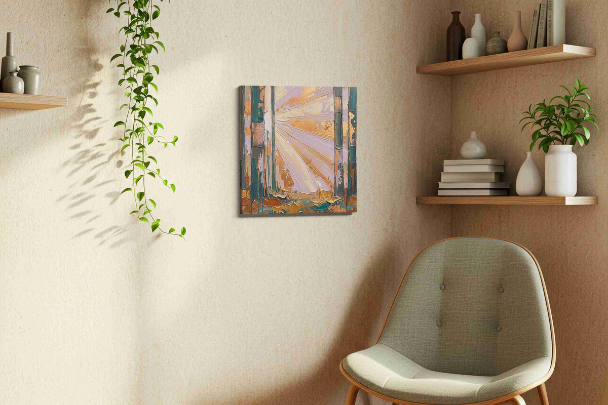 Luminescent Forest Dawn nature canvas print, displayed in a living room
