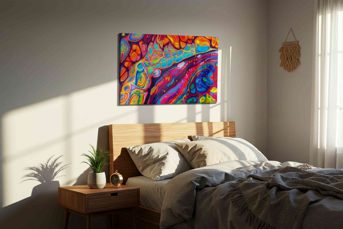 Luminous Kaleidoscope Dream abstract canvas print, displayed in a bedroom
