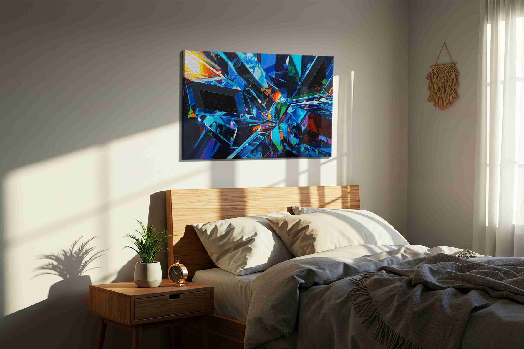 Prismatic Reverberation abstract canvas print, displayed in a bedroom