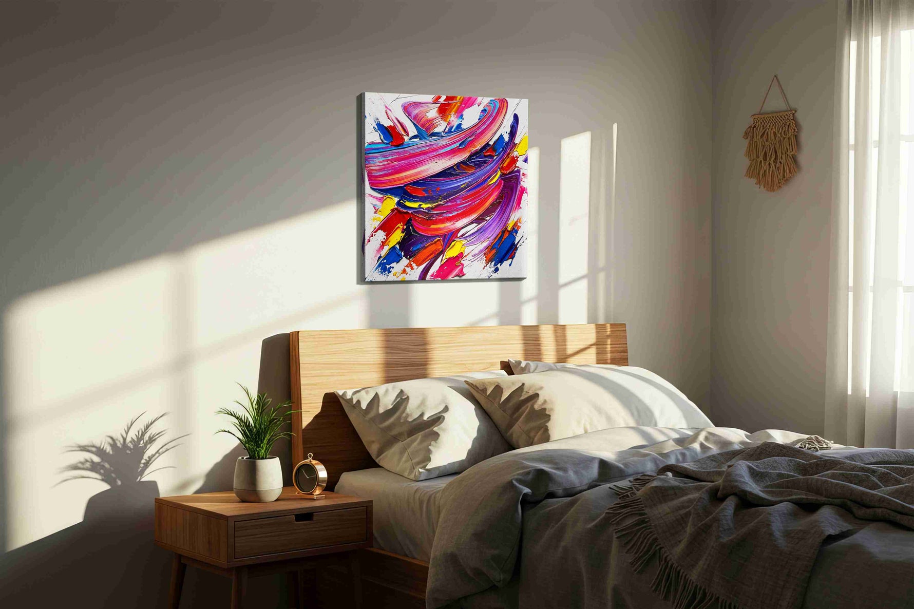 Swirling Cosmos of Color abstract canvas print, displayed in a bedroom