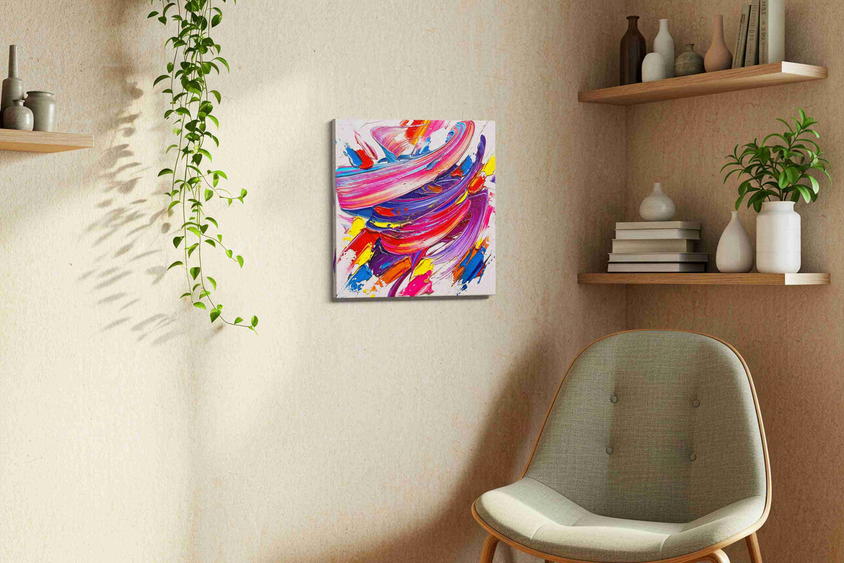 Swirling Cosmos of Color abstract canvas print, displayed in a living room