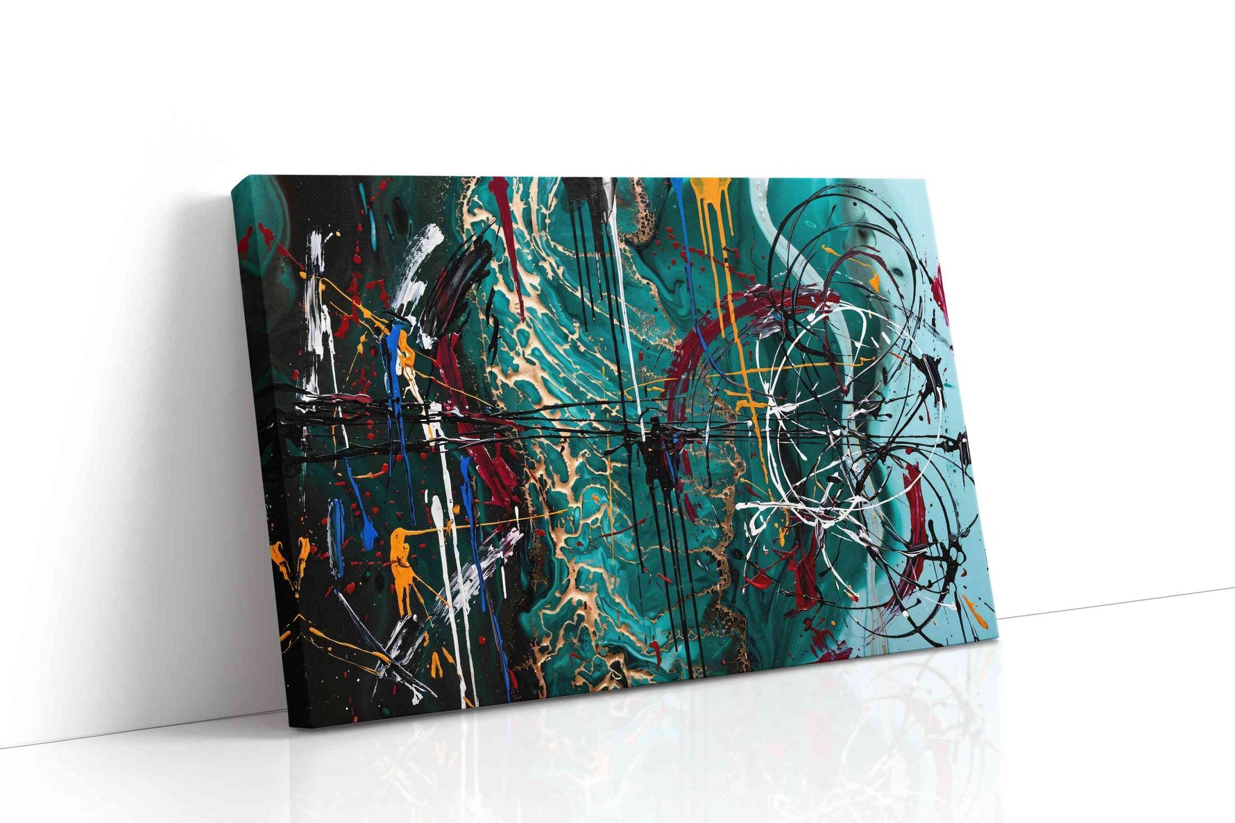 Turquoise Chaos abstract canvas print gallery-wrapped landscape canvas studio shot