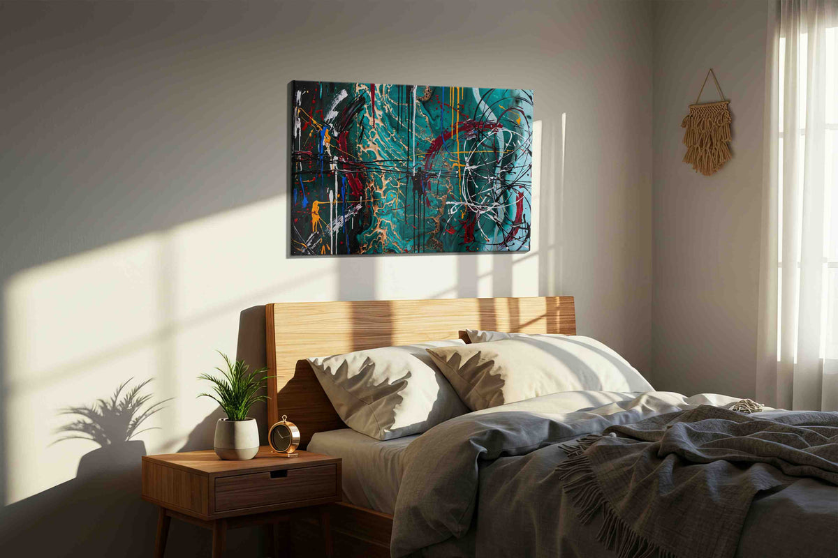 Turquoise Chaos abstract canvas print, displayed in a bedroom