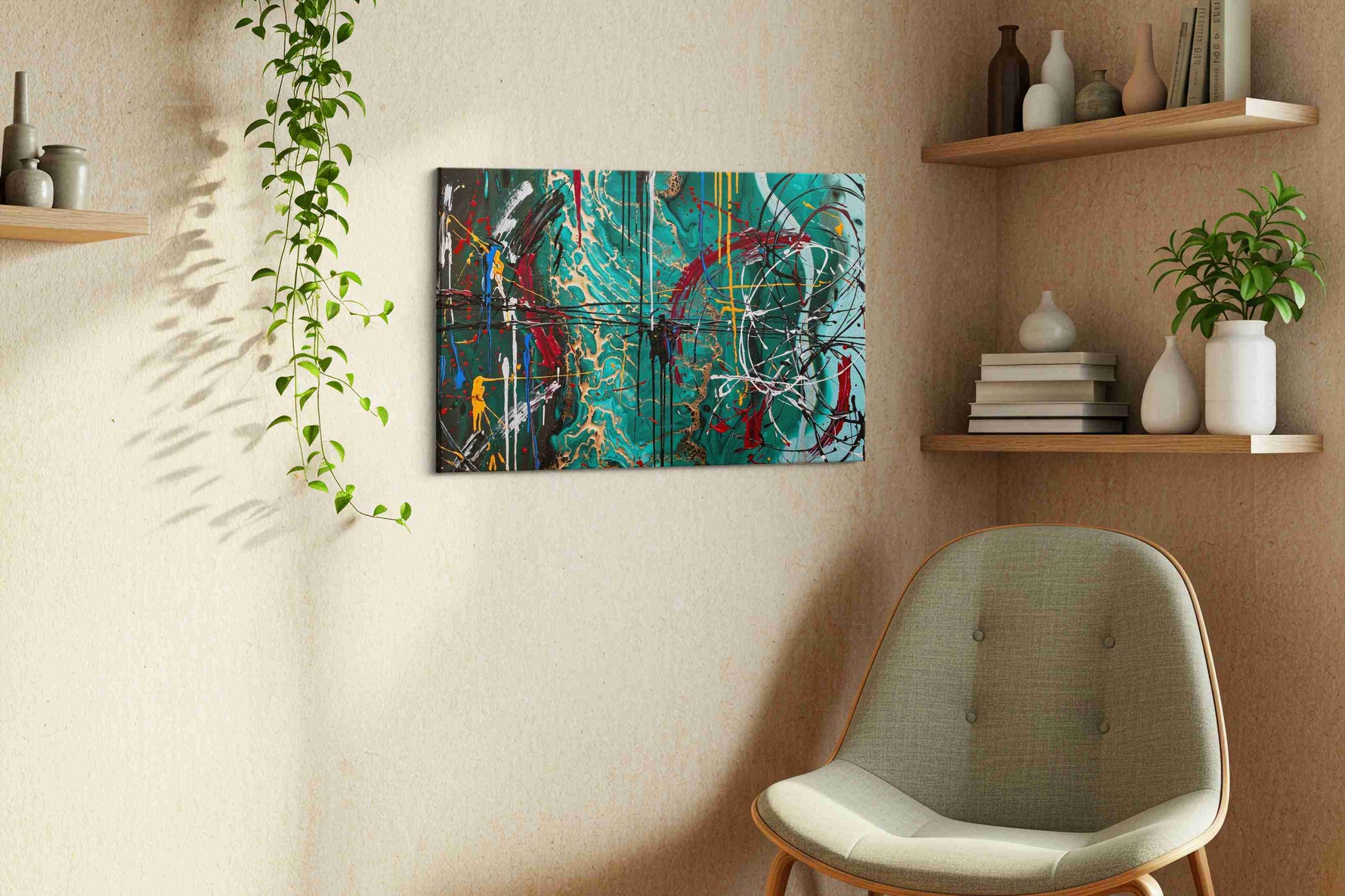 Turquoise Chaos abstract canvas print in a living room scene