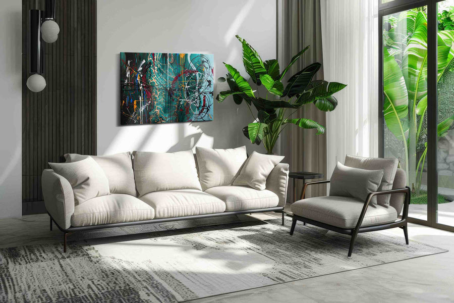 Turquoise Chaos abstract canvas print, on wall, lifestyle preview