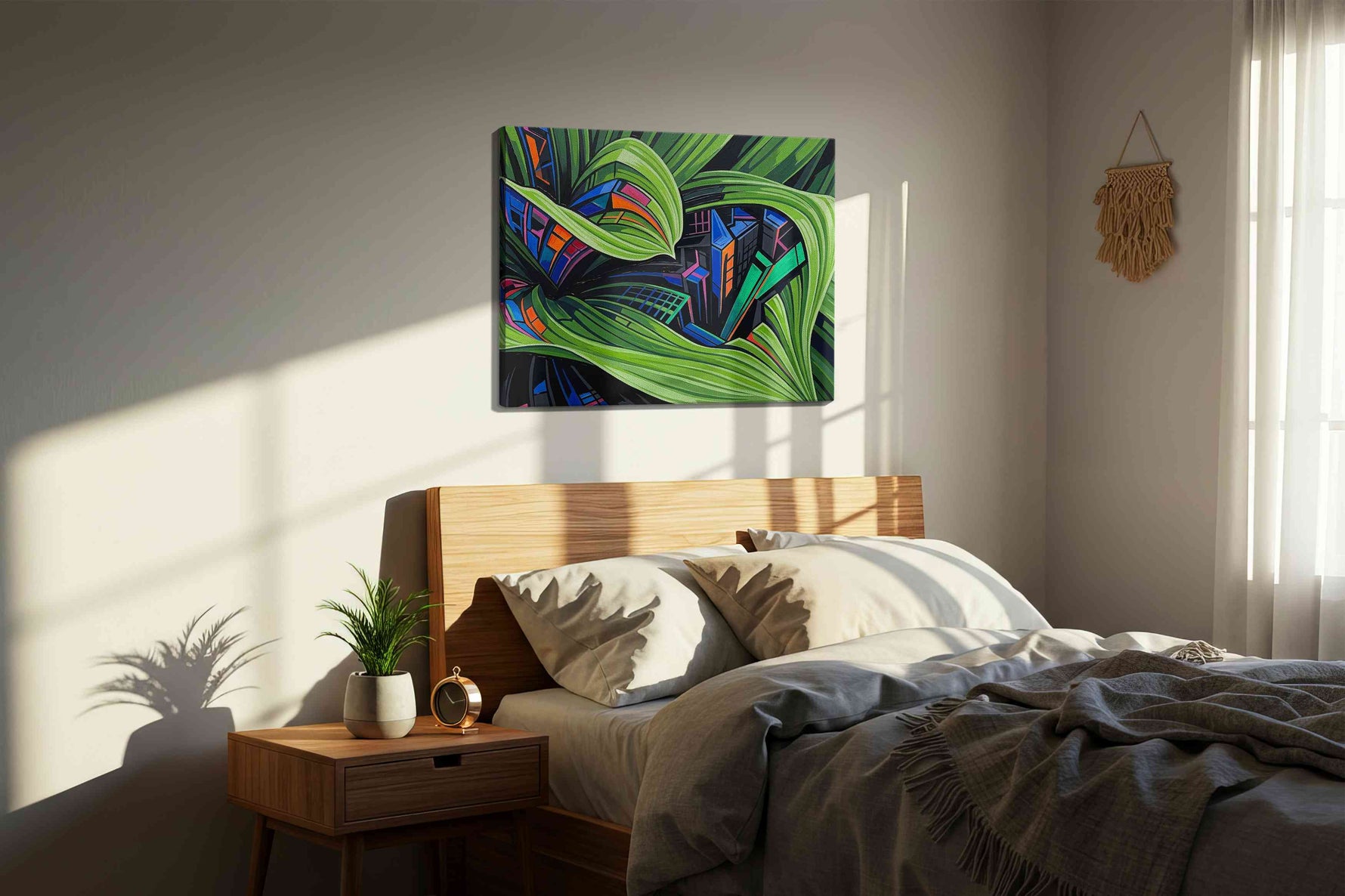 Urban Jungle Symphony abstract canvas print, displayed in a bedroom