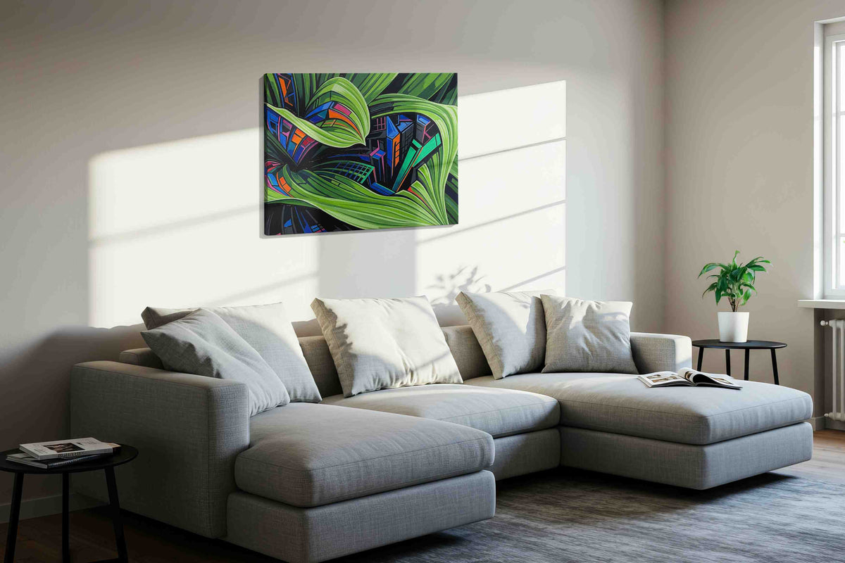 Urban Jungle Symphony abstract canvas print, displayed in a living room