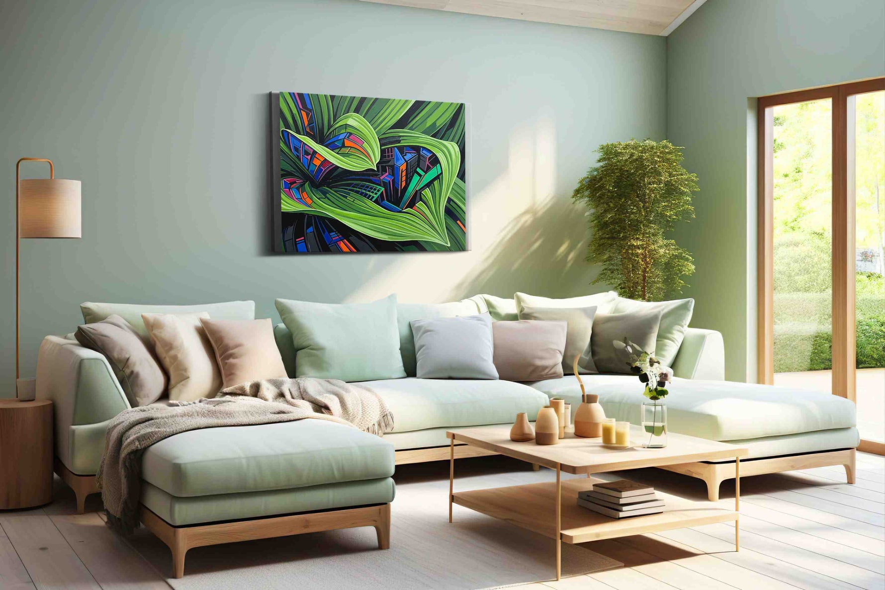 Urban Jungle Symphony abstract canvas print, hanging on wall