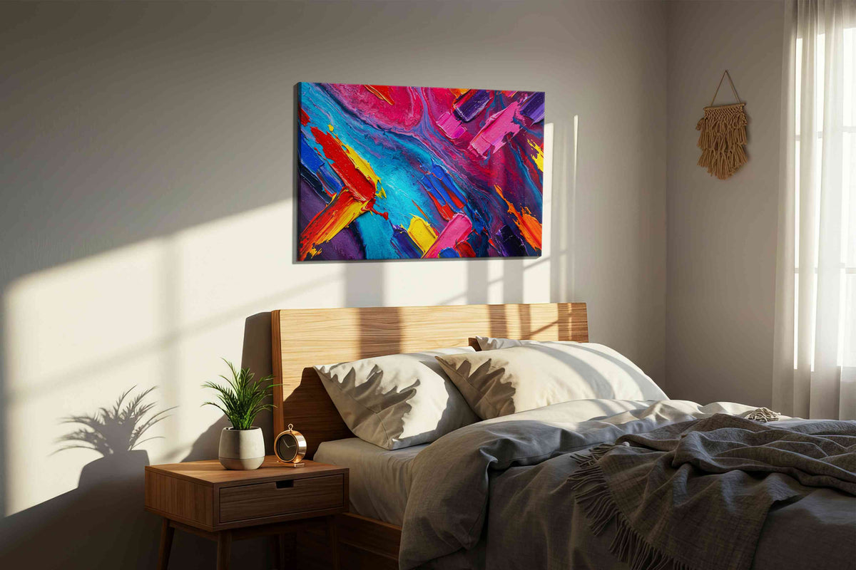 Vibrant Symphony of Colors abstract canvas print, displayed in a bedroom