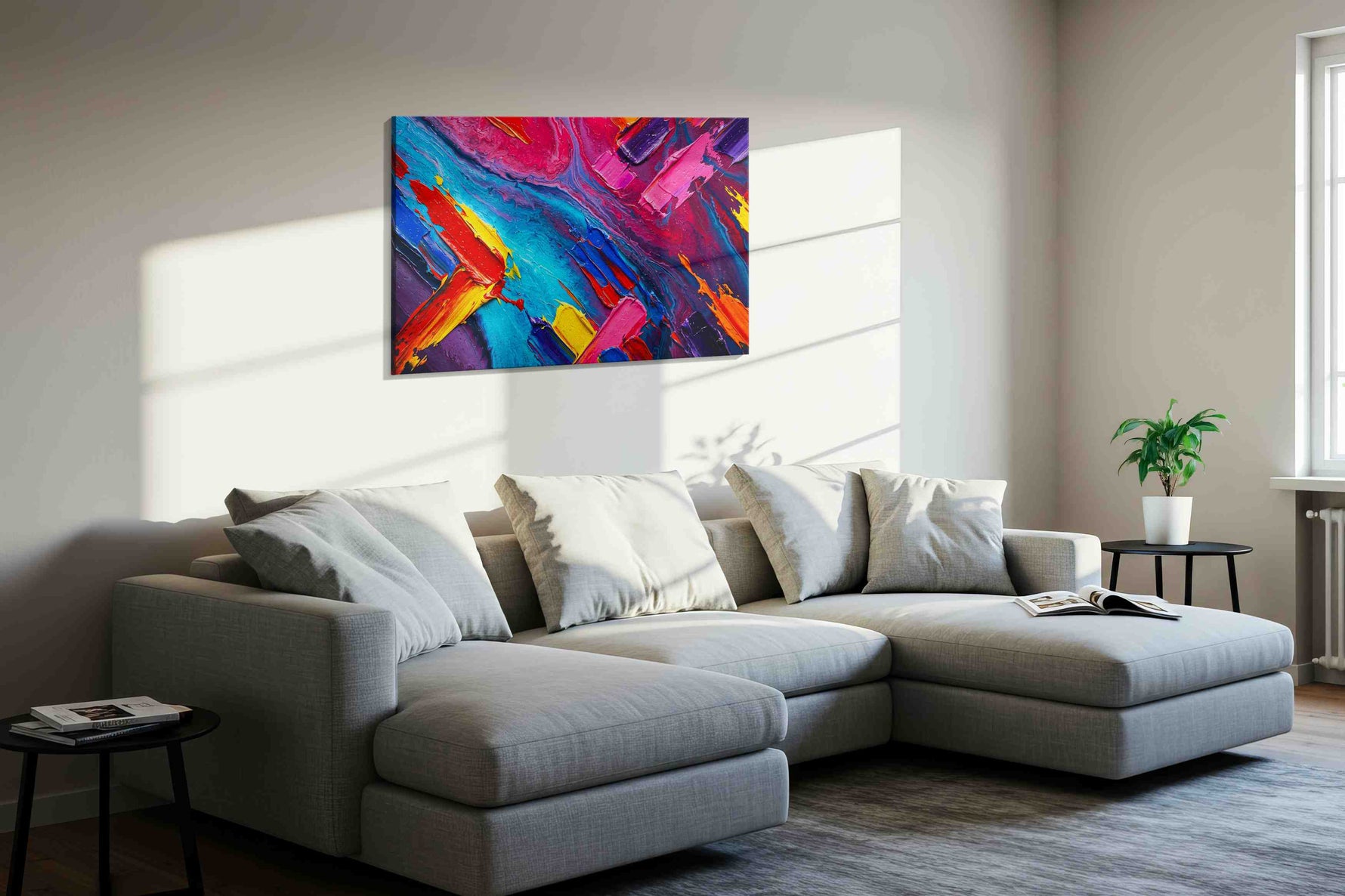 Vibrant Symphony of Colors abstract canvas print styled in a living room