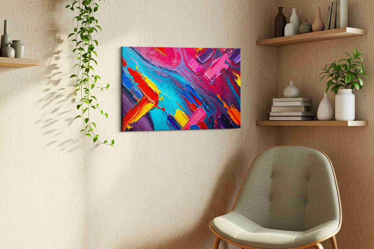 Vibrant Symphony of Colors abstract canvas print, displayed in a living room