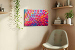 Vibrant Whirlwind Symphony abstract canvas print styled in a living room