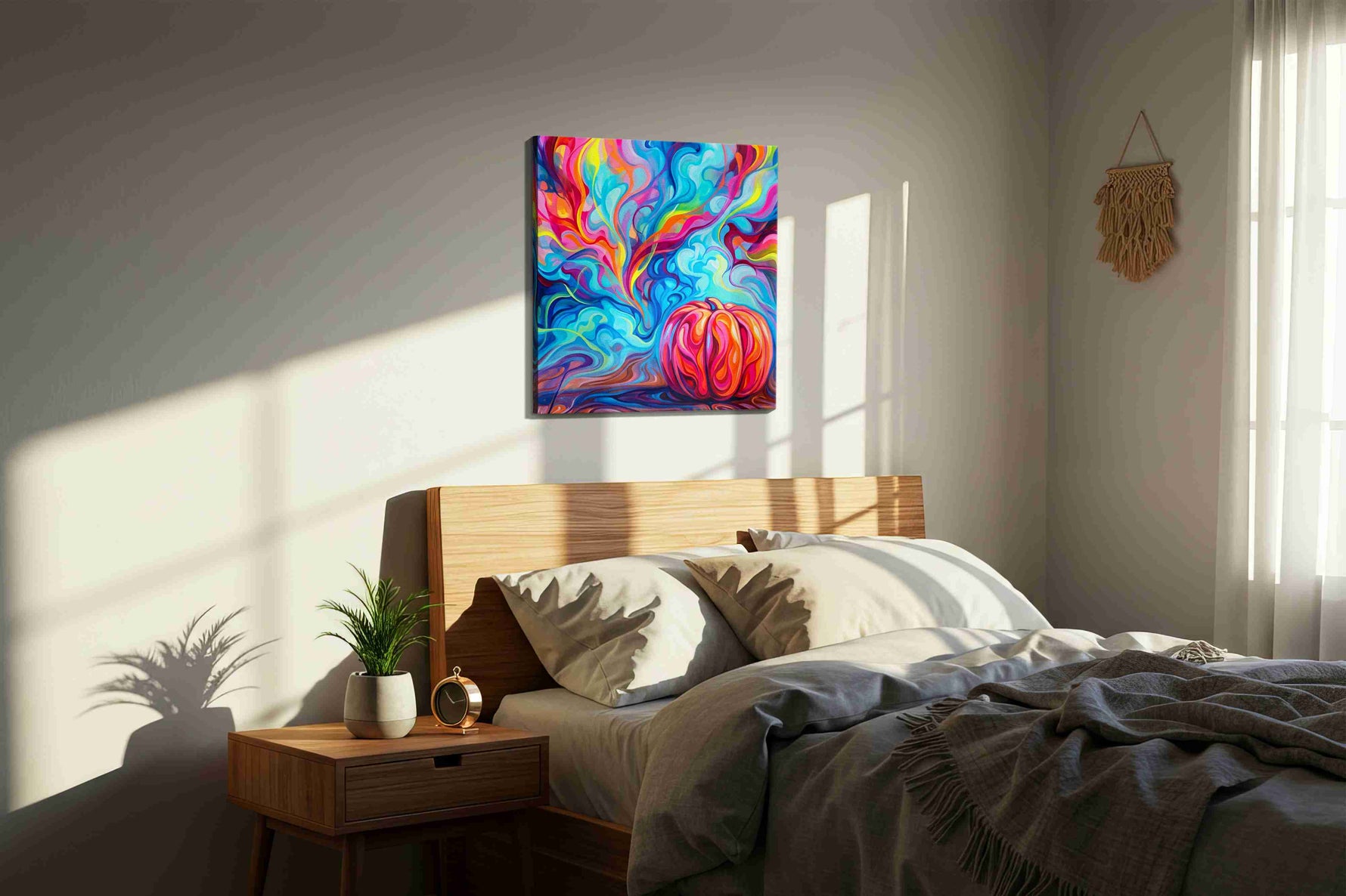 Whirlwind of Autumn Dreams abstract canvas print, displayed in a bedroom