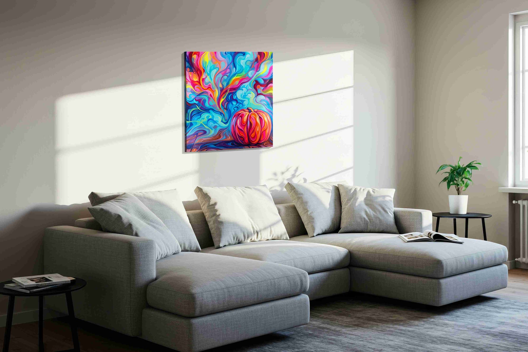 Whirlwind of Autumn Dreams abstract canvas print, displayed in a living room