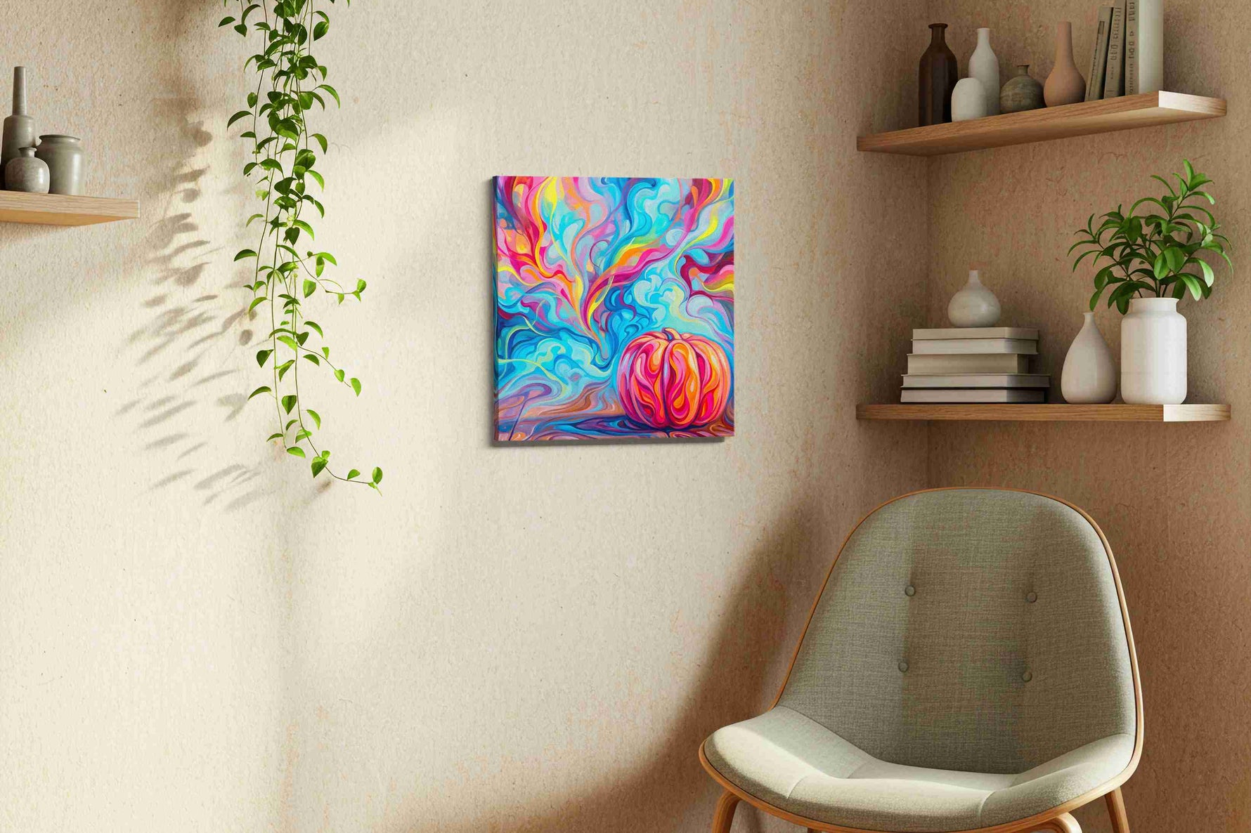 Whirlwind of Autumn Dreams abstract canvas print styled in a living room