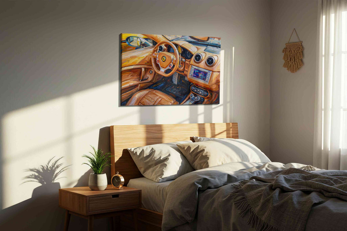 Golden Drive Symphony automobile canvas print, displayed in a bedroom