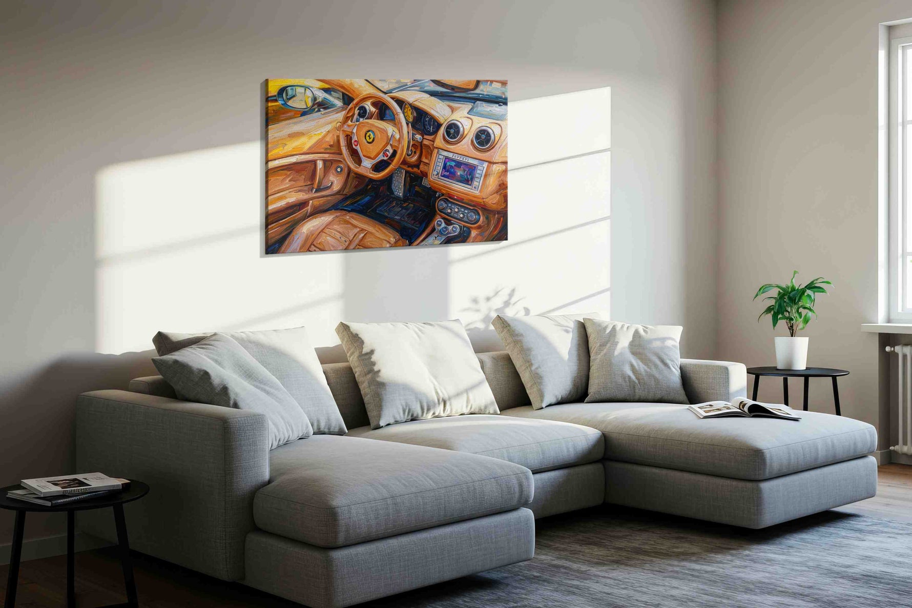 Golden Drive Symphony automobile canvas print, displayed in a living room