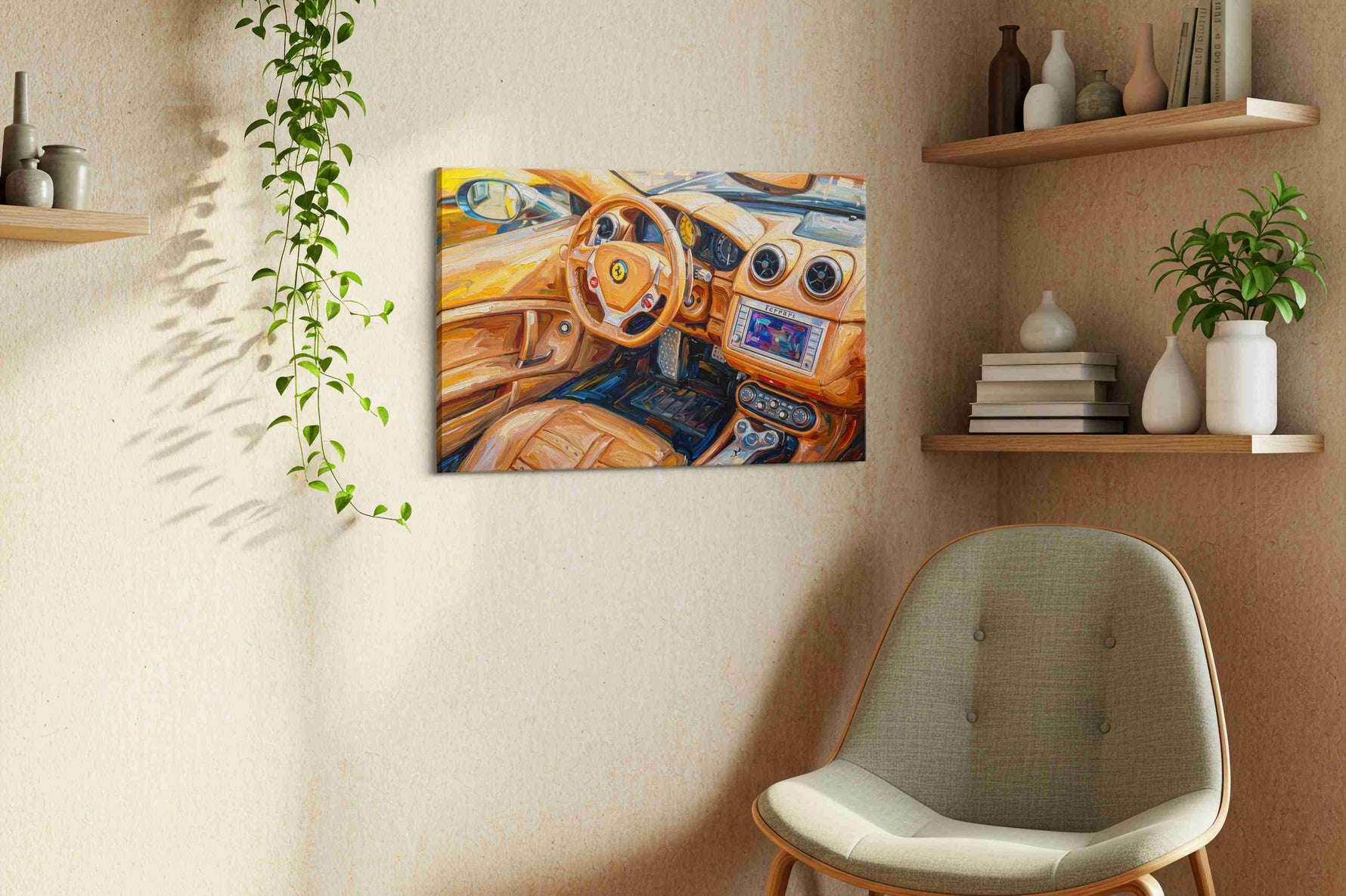 Golden Drive Symphony automobile canvas print styled in a living room