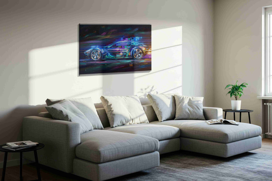 Velocity of Light automobile canvas print, displayed in a living room