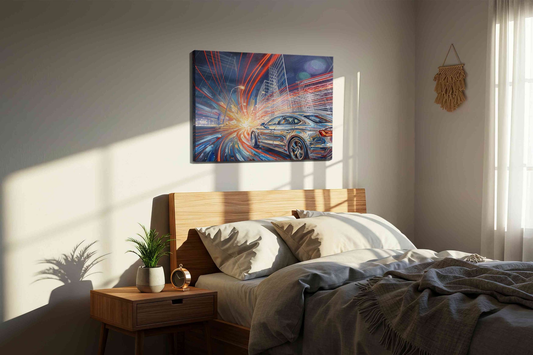 Velocity of Neon Dreams automobile canvas print, displayed in a bedroom