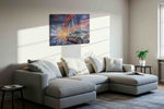 Velocity of Neon Dreams automobile canvas print, displayed in a living room