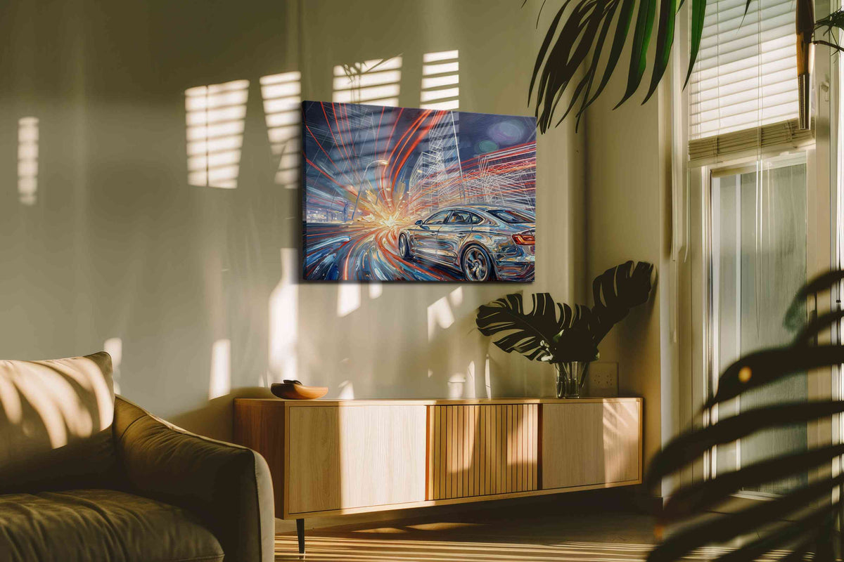Velocity of Neon Dreams automobile canvas print in a hung canvas mockup