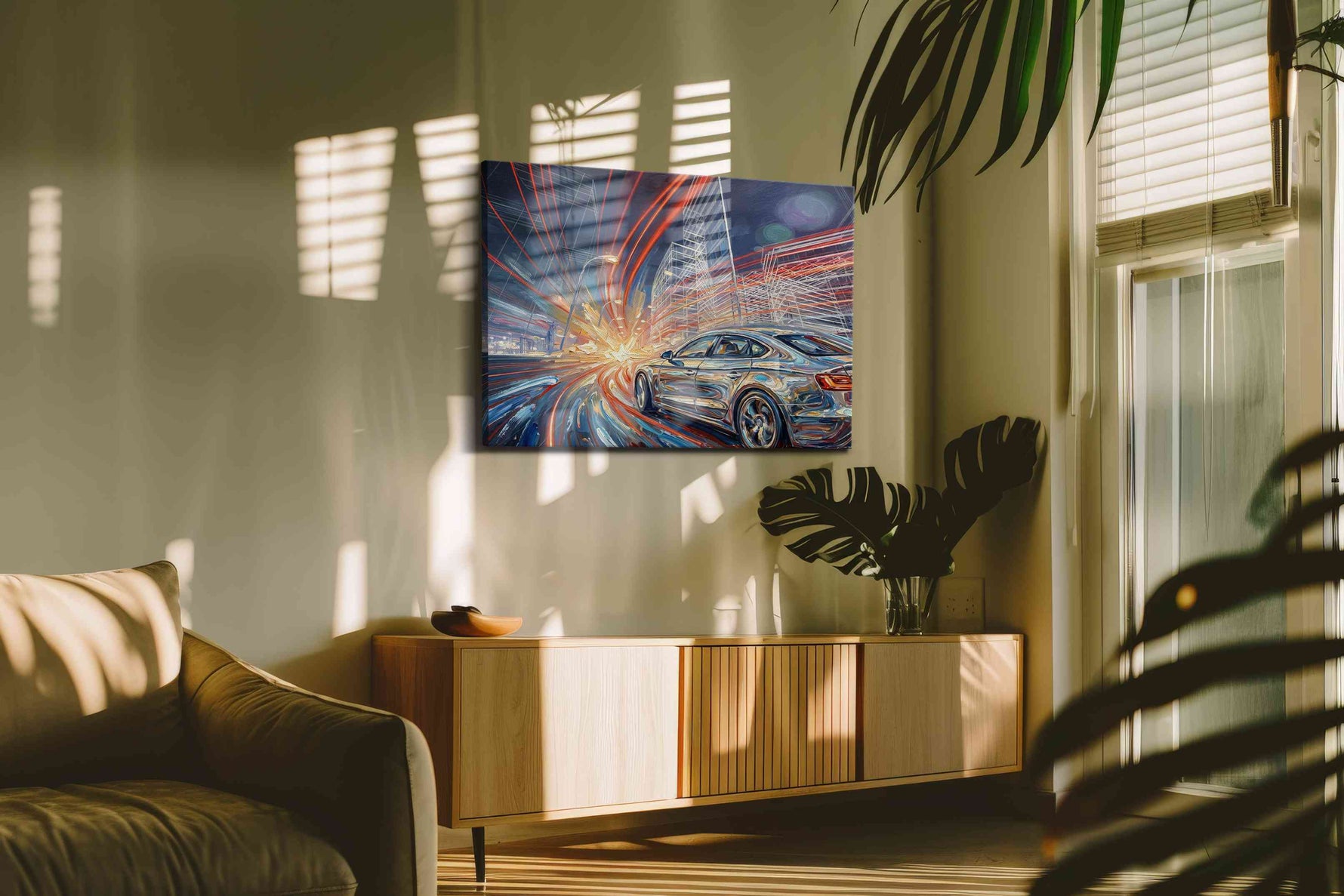 Velocity of Neon Dreams automobile canvas print in a hung canvas mockup