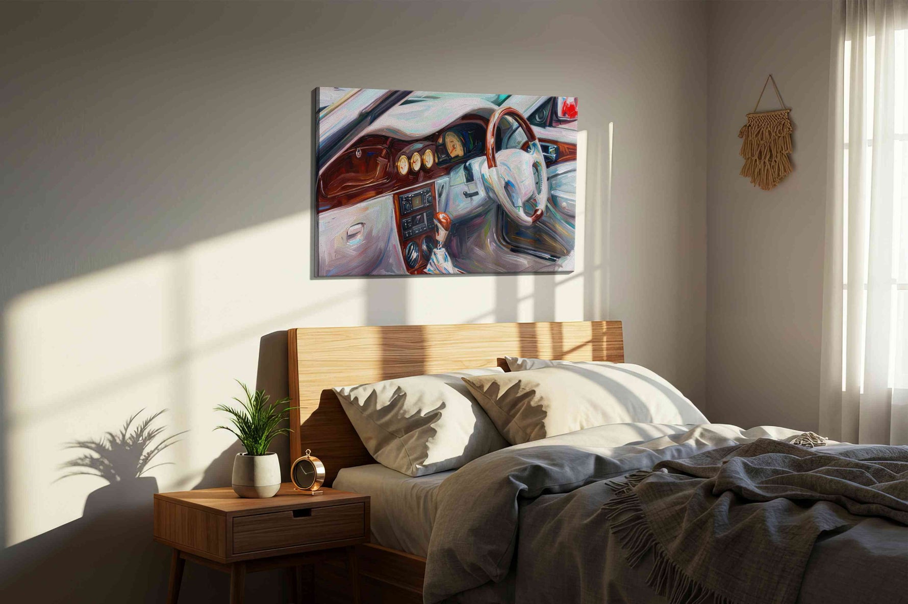 Vintage Drive Harmony automobile canvas print, displayed in a bedroom
