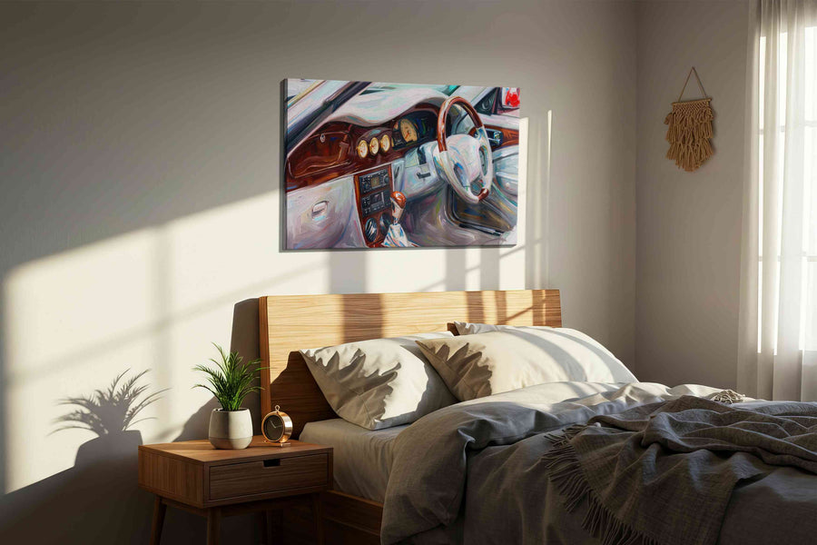 Vintage Drive Harmony automobile canvas print, displayed in a bedroom
