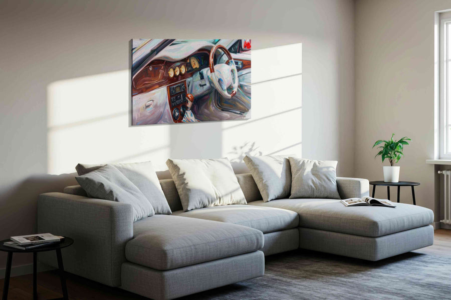 Vintage Drive Harmony automobile canvas print in a living room scene