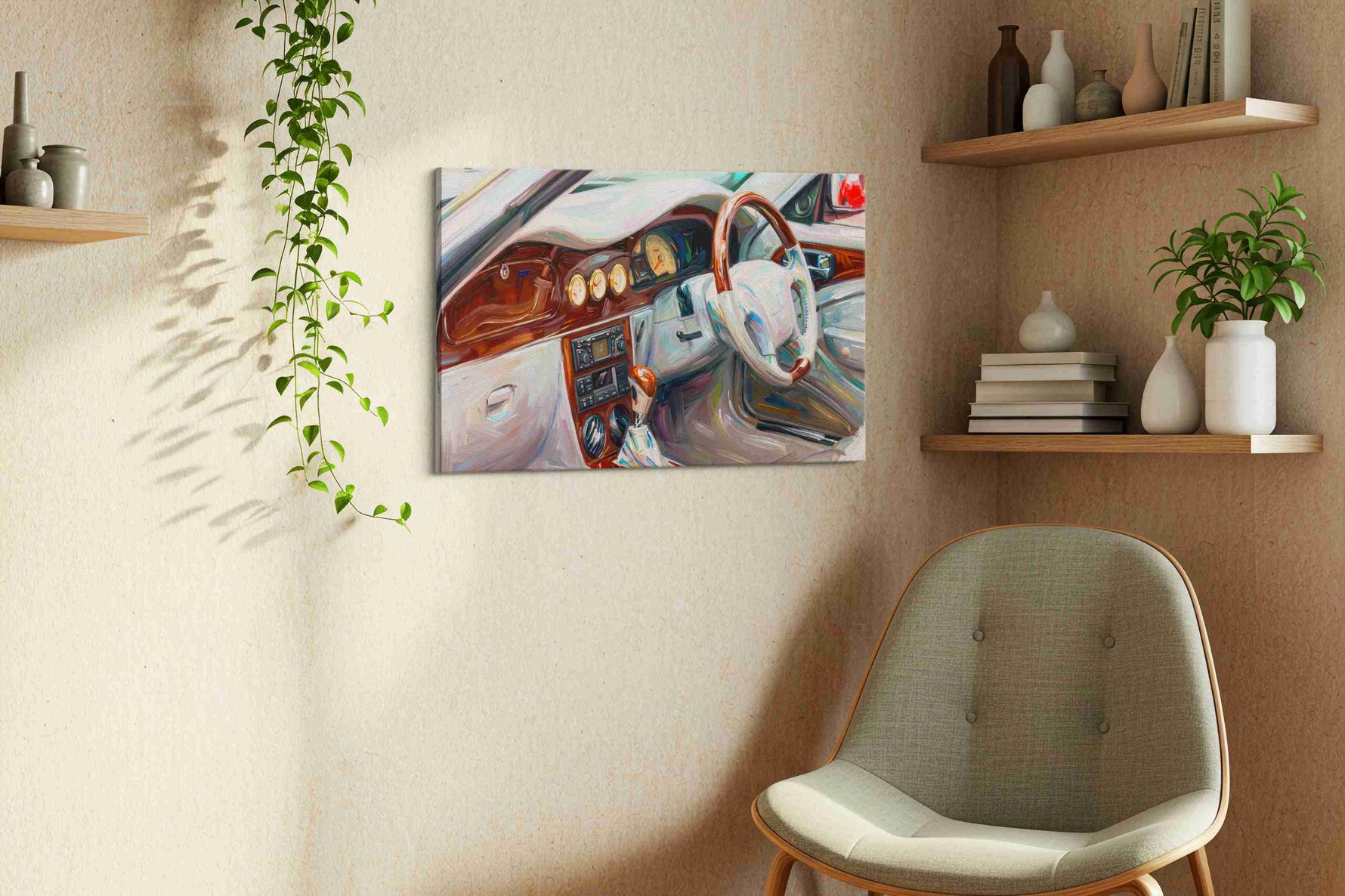 Vintage Drive Harmony automobile canvas print, displayed in a living room
