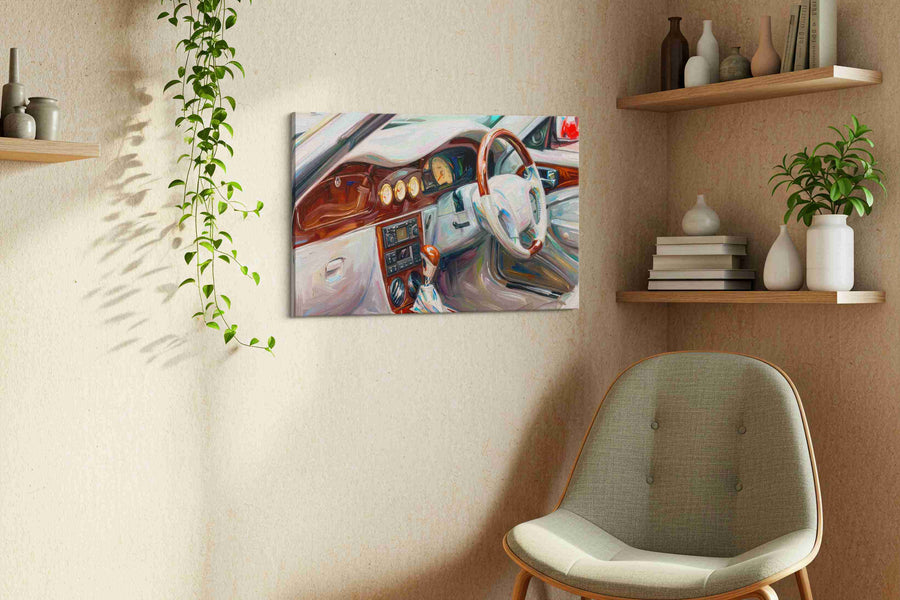Vintage Drive Harmony automobile canvas print, displayed in a living room