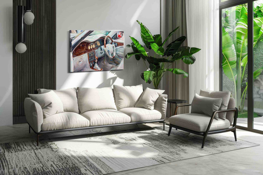 Vintage Drive Harmony automobile canvas print in a modern interior mockup