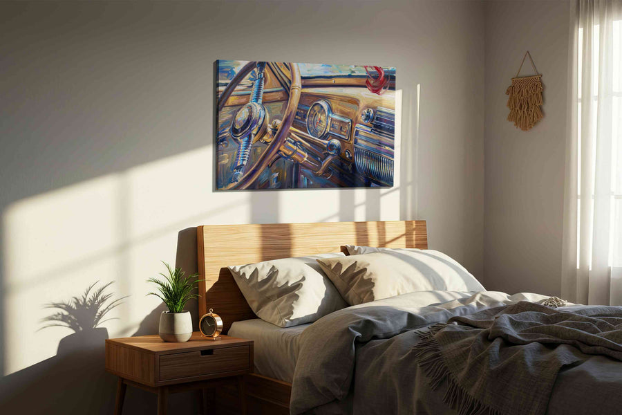 Vintage Drive Symphony automobile canvas print, displayed in a bedroom