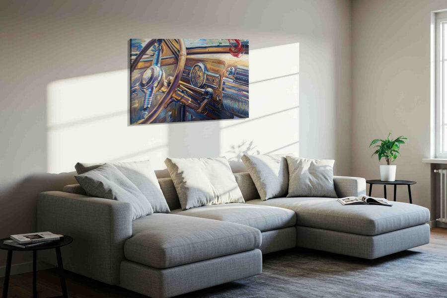 Vintage Drive Symphony automobile canvas print in a living room scene