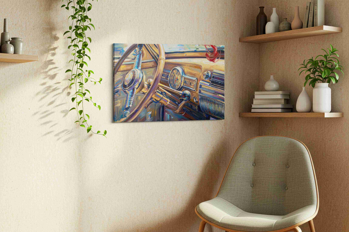 Vintage Drive Symphony automobile canvas print, displayed in a living room