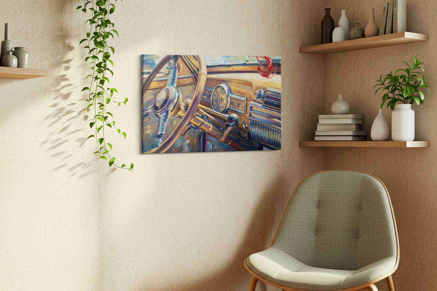 Vintage Drive Symphony automobile canvas print, displayed in a living room