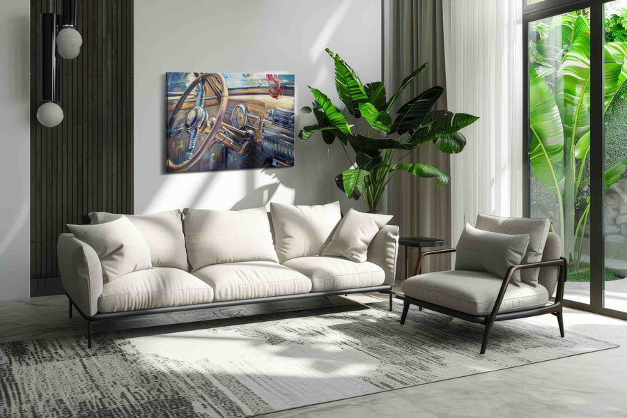 Vintage Drive Symphony automobile canvas print in a modern interior mockup