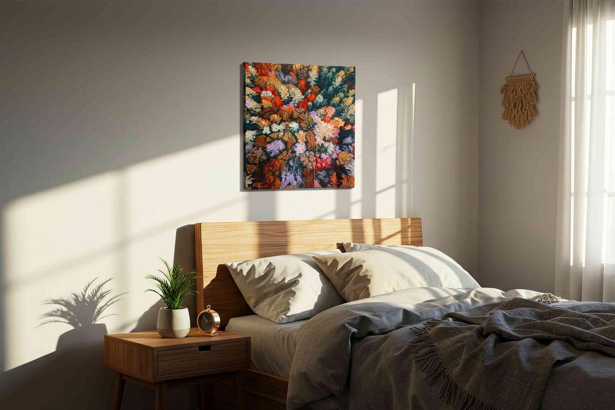 Whispers of Autumn Canopy nature canvas print, displayed in a bedroom
