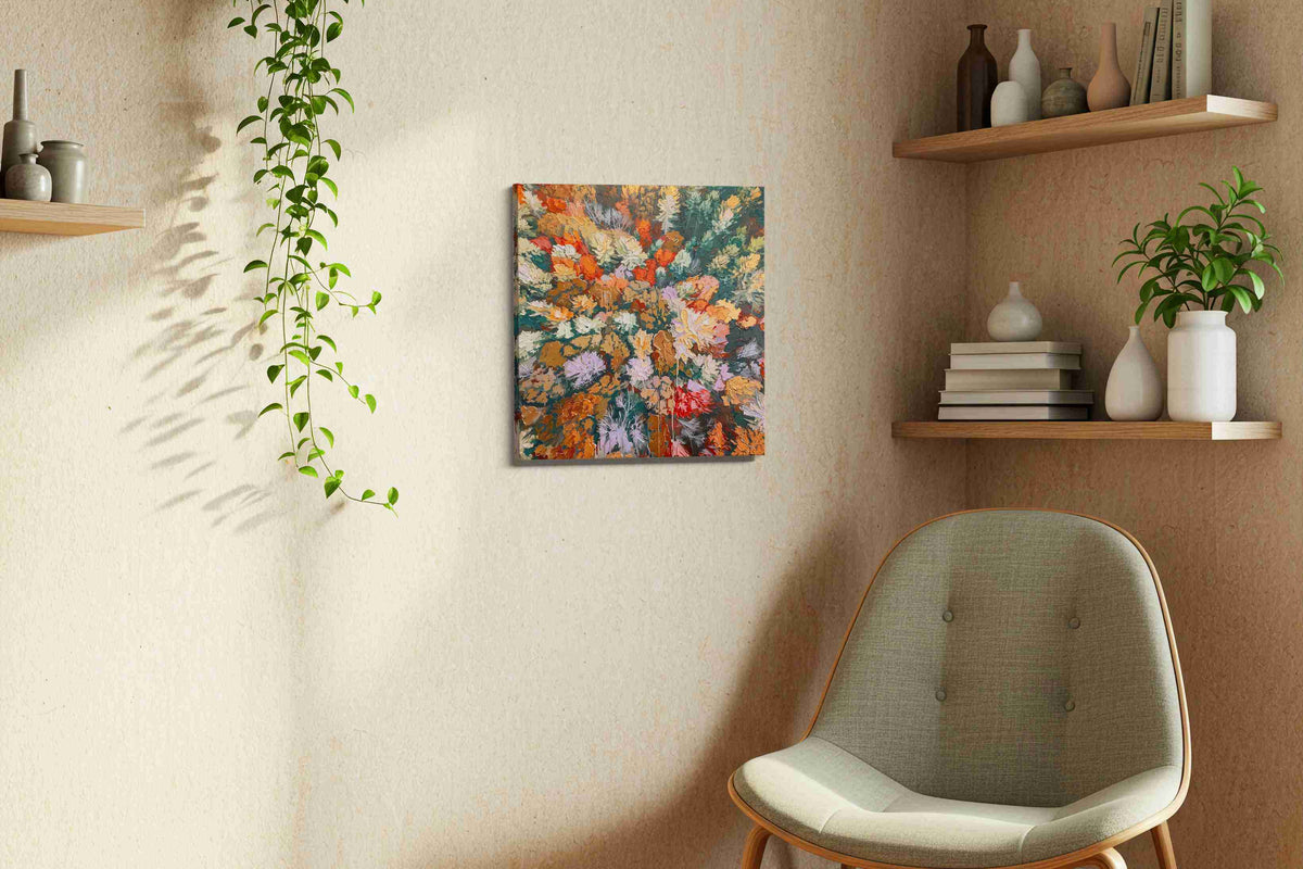 Whispers of Autumn Canopy nature canvas print styled in a living room