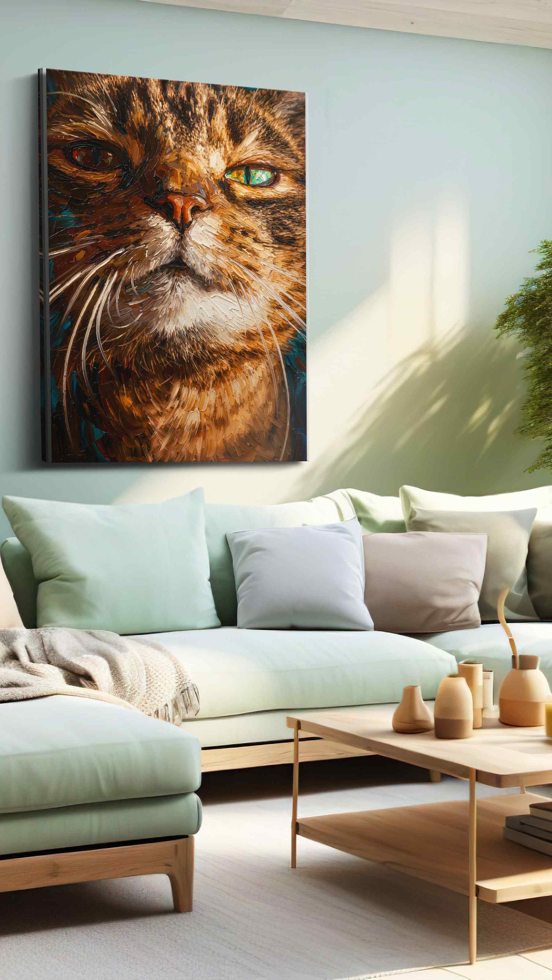 Enigmatic Feline Gaze cats canvas print, hanging on wall