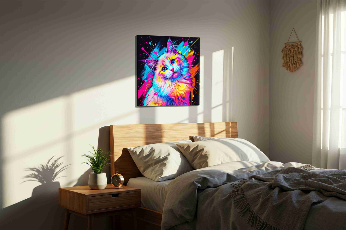 Prismatic Feline Dreamscape cats canvas print, displayed in a bedroom