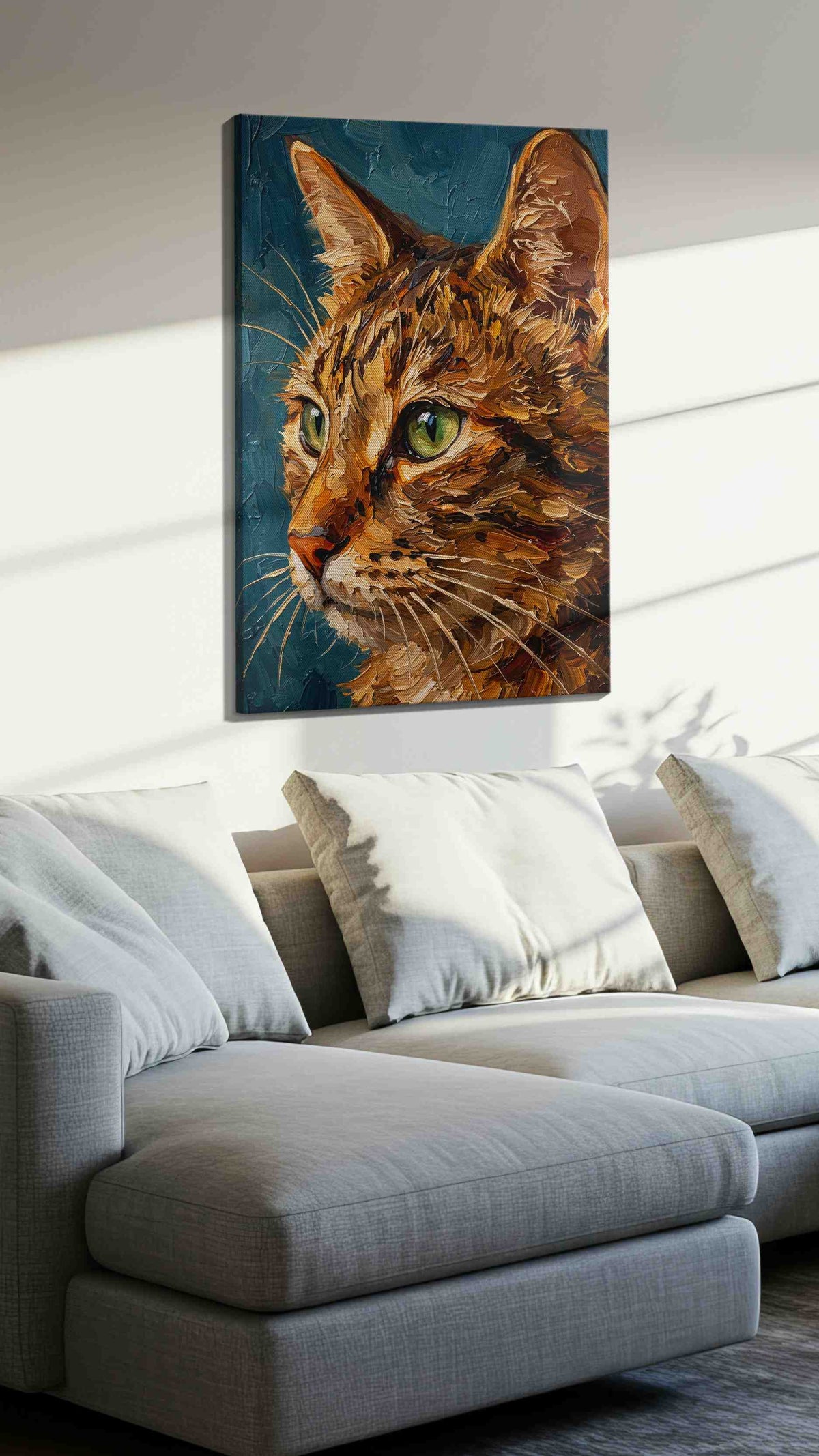 Whiskers in Amber Light cats canvas print, displayed in a living room