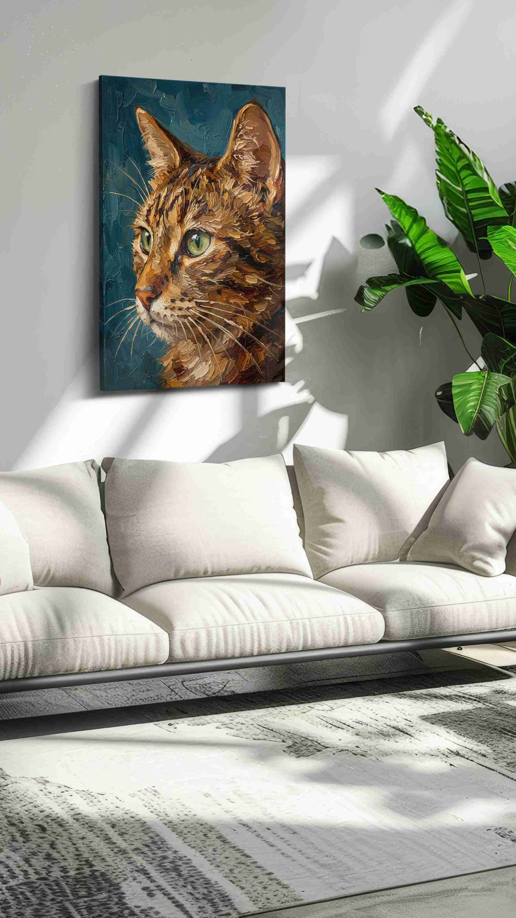 Whiskers in Amber Light cats canvas print in a modern interior mockup