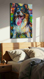 Colorful Canine Bliss dogs canvas print, displayed in a bedroom