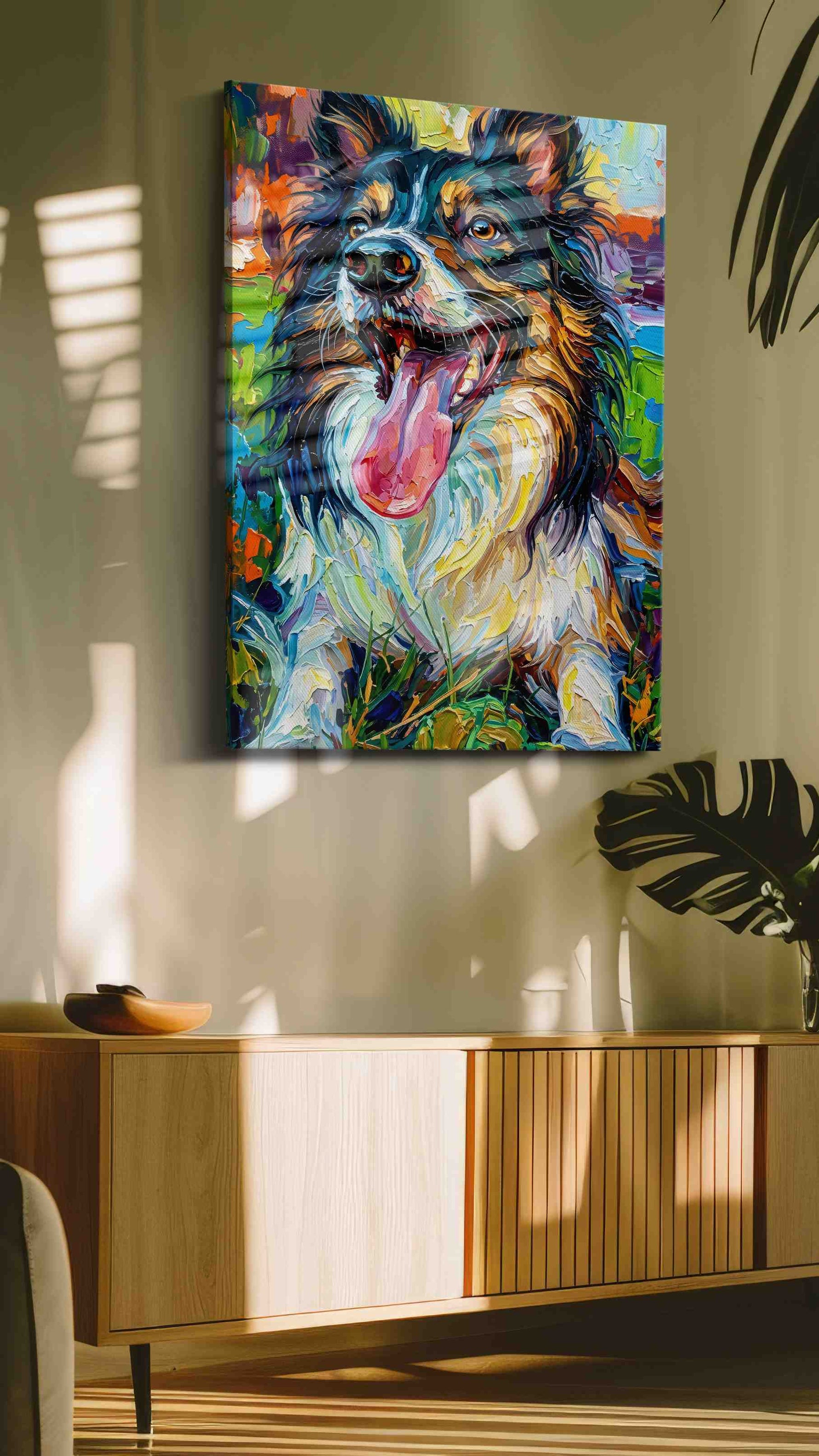 Colorful Canine Bliss dogs canvas print in a contemporary interior mockup
