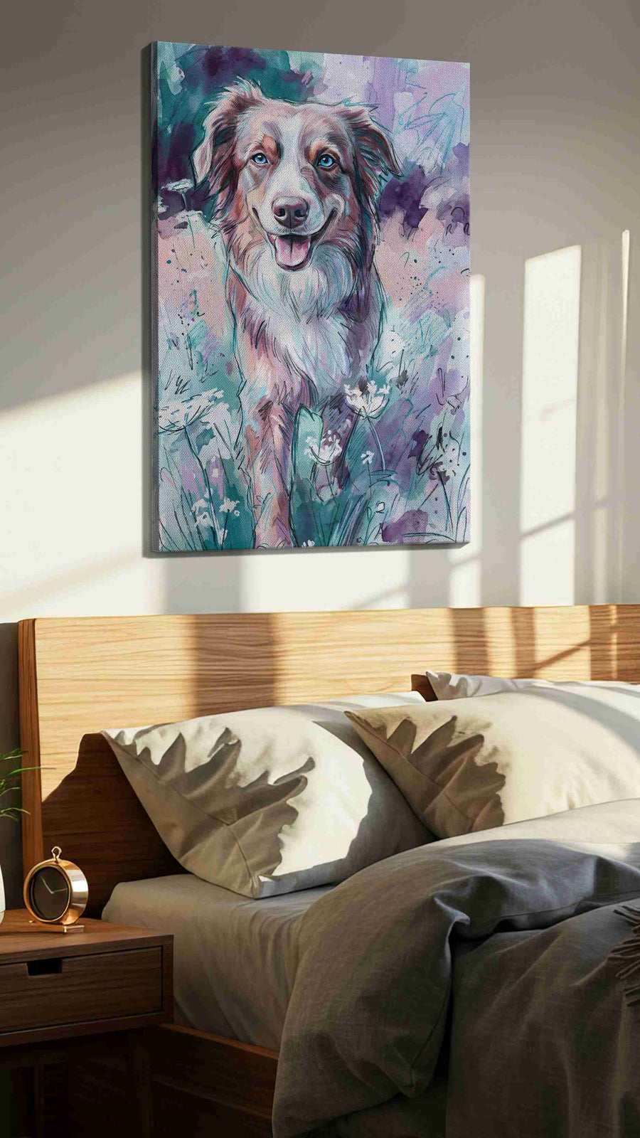 Ethereal Canine Dreamscape dogs canvas print, displayed in a bedroom