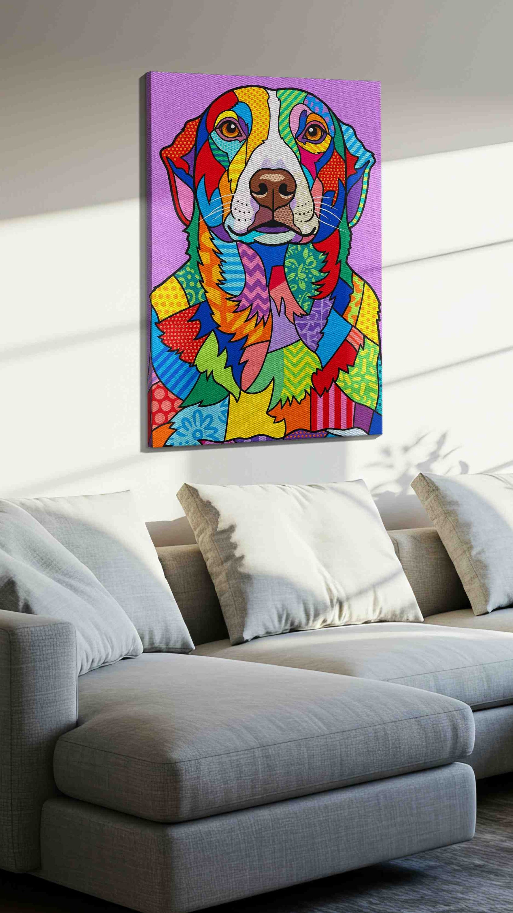Vibrant Canine Kaleidoscope dogs canvas print, displayed in a living room